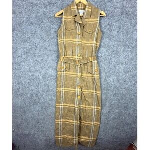 Vintage Express Shirt Dress Womens 3/4 Tan Plaid Belted Button Front 70s 60s